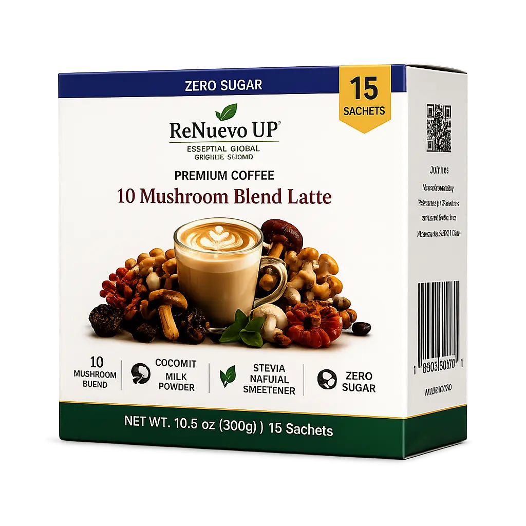 ReNuevo UP 10-Mushroom Blend Latte Mix, Premium Instant Mushroom Coffee with Reishi, Lion's Mane, Cordyceps, Chaga, Coconut Milk Powder & Stevia, 0 Sugar, 15 Sachets