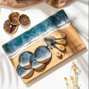 Personalized Wooden Resin Charcuterie Board for Engagement Gift, Custom Engraved Ocean Resin Serving Board, Epoxy Resin Beach Cheeseboard