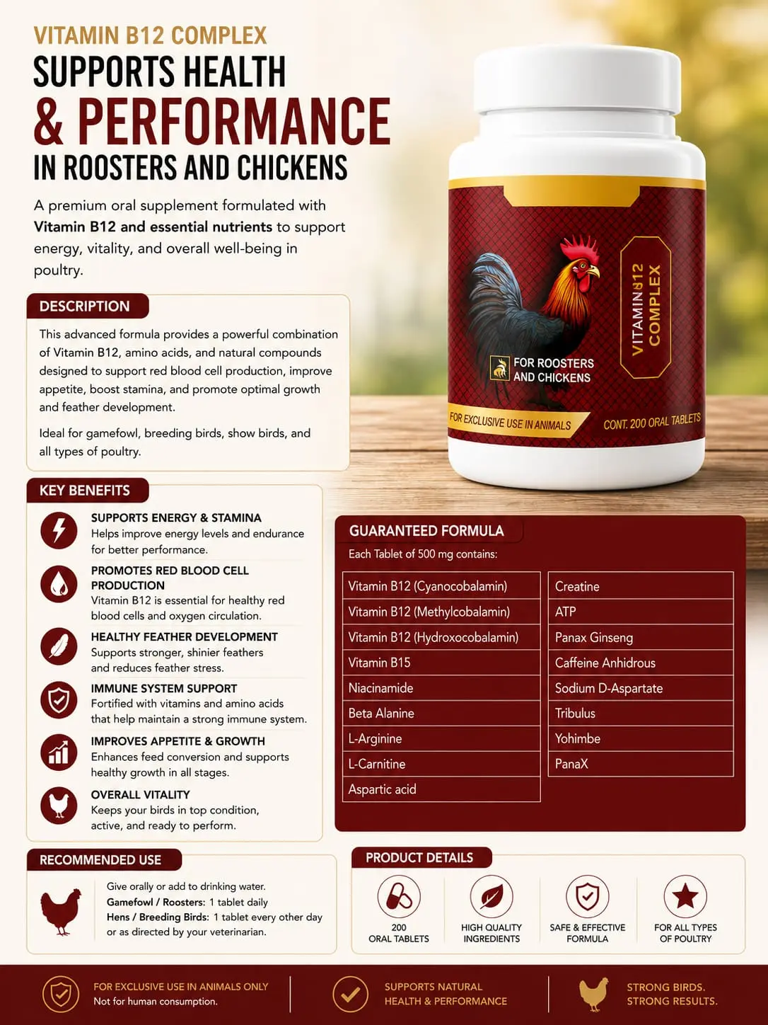 Vitamina B12 with Caffeine tablets for poultry - 200 oral tablets - Daily Nutritional Supplement for Roosters & Chickens