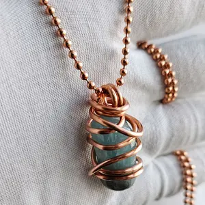 2.4mm Ball Chain Aquamarine Crystal Pendant Necklaces 24 Inches, Thick 14 Gauge Copper Wire Wrapped Jewelry, - Calming, Cleansing, Empowering [Made-to-Order]
