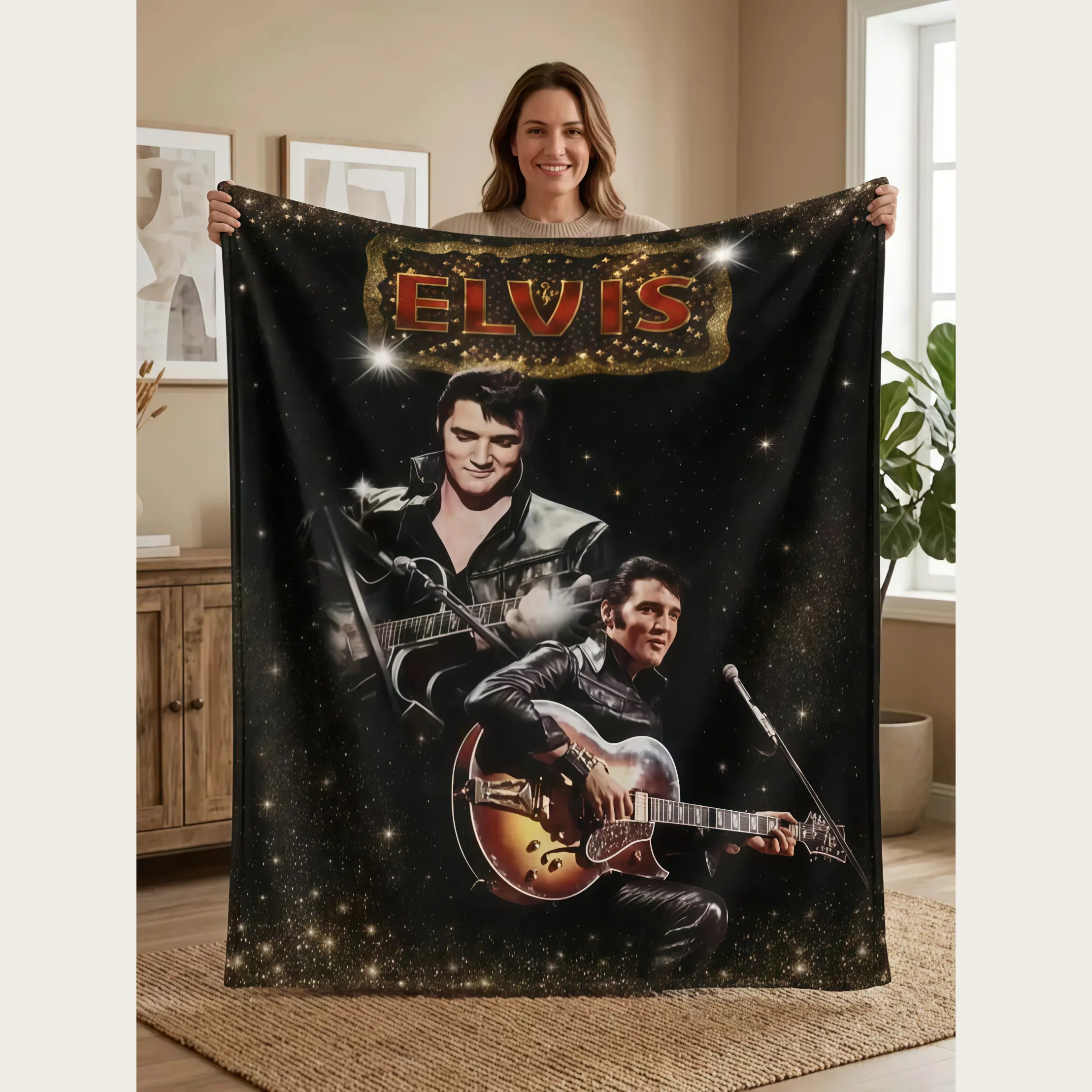 Elvis Presley Blanket Black Gold Guitar Performance Fleece Flannel Throw The King Music Fan Blanket Rock And Roll Gift Air Conditioning Summer Dorm Couch Bed Sofa Travel Back to School Music Room Decor