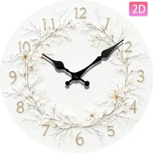 Round Wall Clock with Simple White Floral Decoration Silent Clock Without Ticking Ideal for Home Décor Great Gift Option No AA Batteries Included
