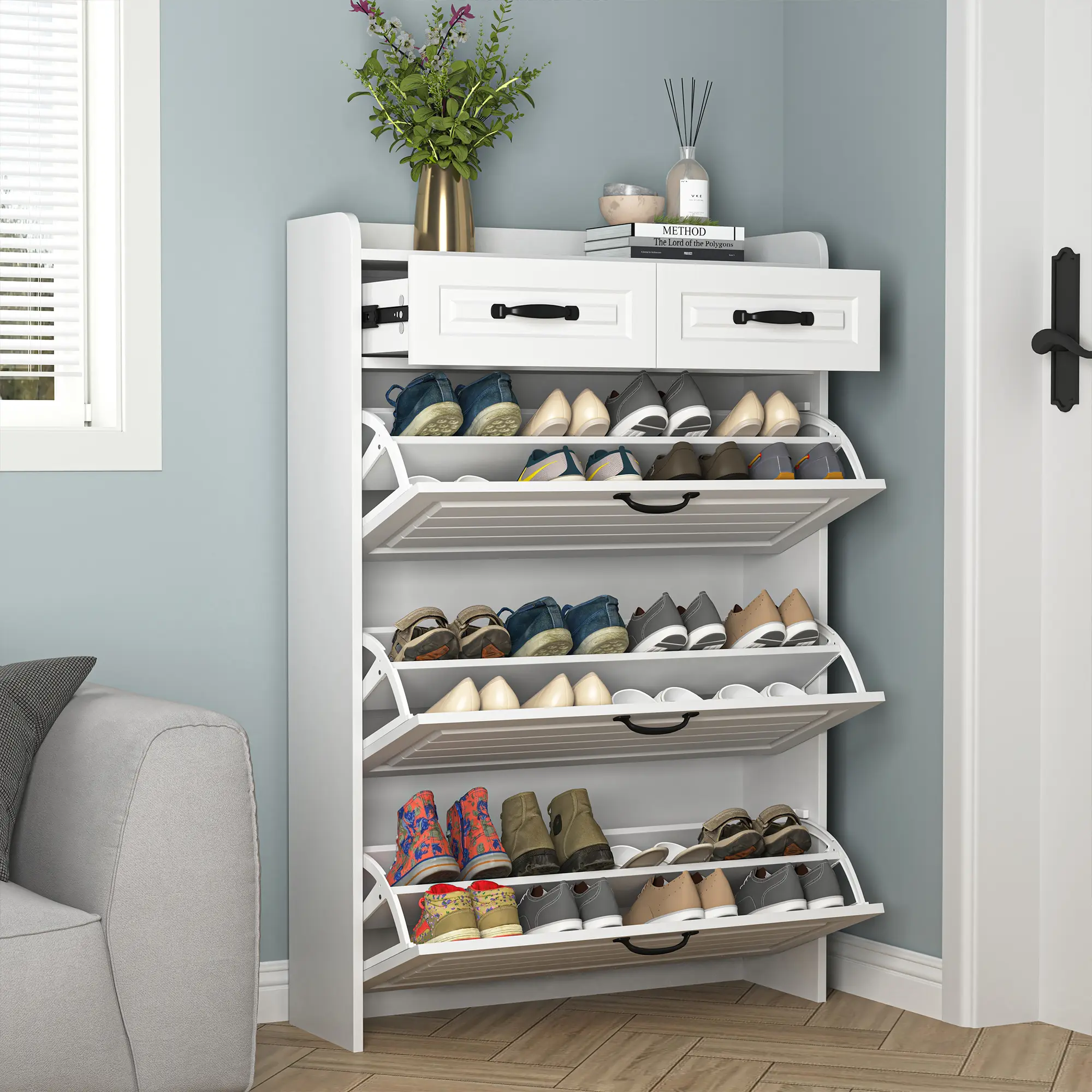 Spaco Freestanding Wood Shoe Rack Cabinet - Minimalist Flip-Doors, High Quality Waterproof MDF Panels, Striped Design, Sturdy, 2 Sliding Drawers, 20 - 25 Kg Capacity, Hallway Furniture, Space-Saving Indoor Organizer, Durability