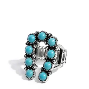Wild West Whisper Blue Ring with Turquoise Stones & Silver Fittings Oversized Horseshoe Design Stretchy Band
