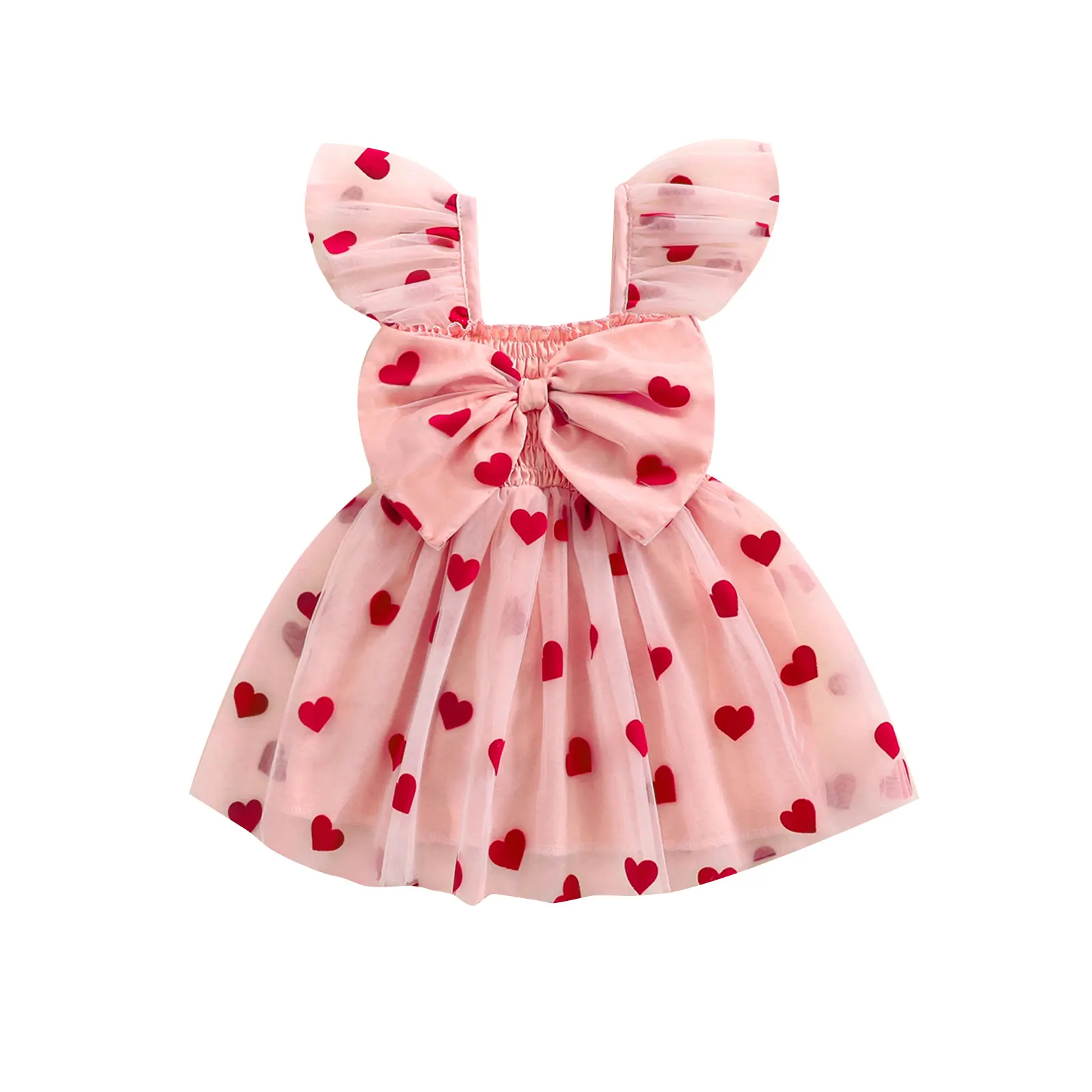 Toddler Baby Girl Valentines Day Outfit Heart Print Ruffle Sleeve Bowknot  Tulle Dress Girls Party Dresses - TikTok Shop