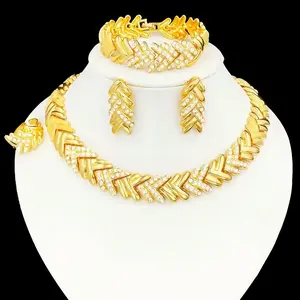 Fashion Jewelry Set Luxury Gold Plated Elegant Rhinestone Necklace Bracelet Wheat Ear Earring Ring Wedding Party Gift