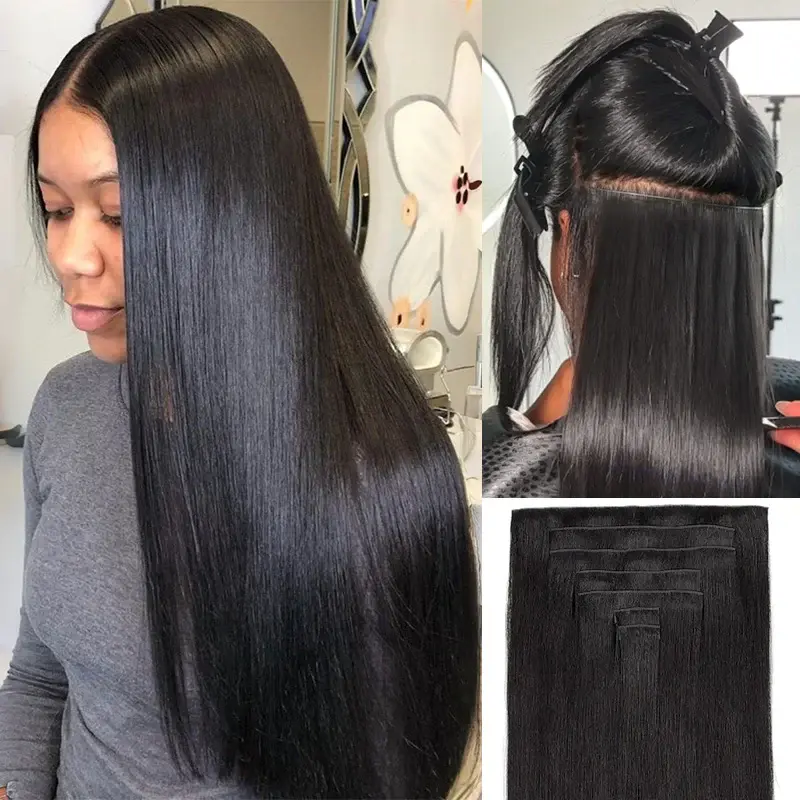 【NEW】ISEE HAIR Yaki Straight Clip In Hair Extensions 100% Human Hair Natural Black (140g/Pack), Silk Press Look Clip Ins for Women, Lightweight Seamless Hair Extensions, No Glue Protective Style Easy Install, Natural Hair Extensions,