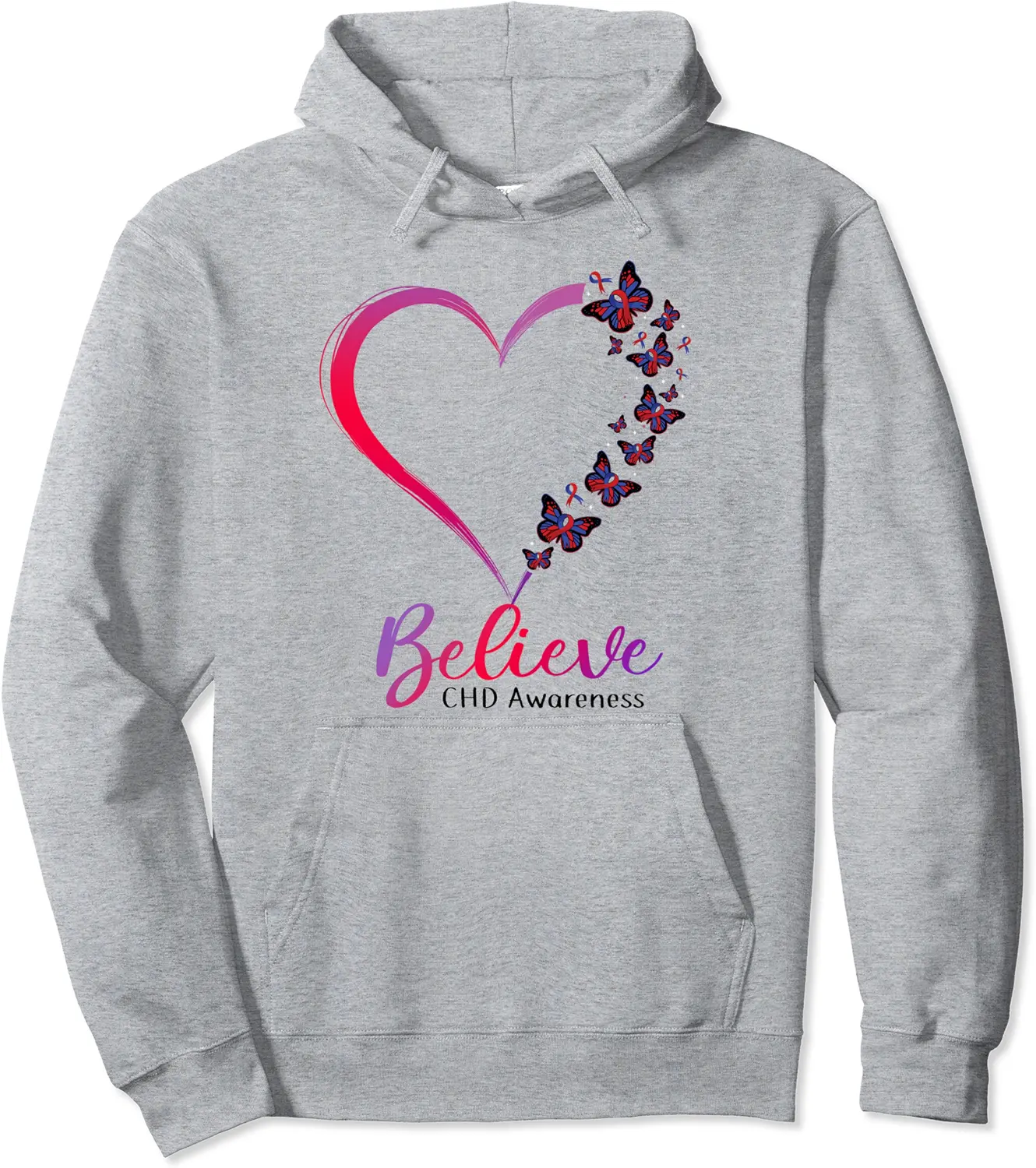 Believe Heart Red Blue Ribbon Butterfly CHD Awareness Pullover Hoodie - Jamespatric Shop 89B0BVDRQHFF