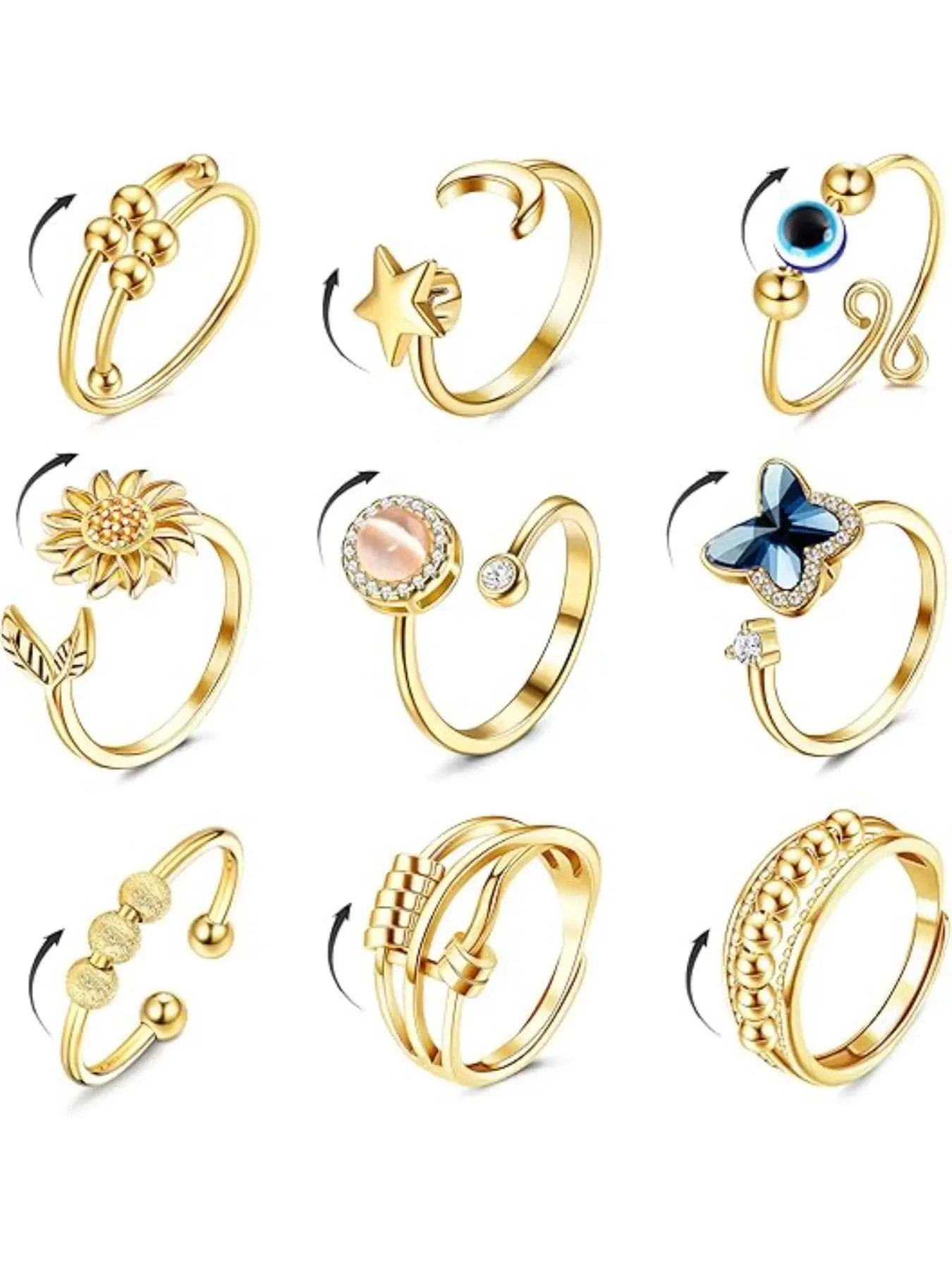 9 Pcs Fidget Anxiety Rings for Women & Men, Spinner Rings for Stress Relief, Adjustable Cz Flower Moon Star Design, Exquisite Trendy Ring, All Seasons Wear, Open Adjustable Rings