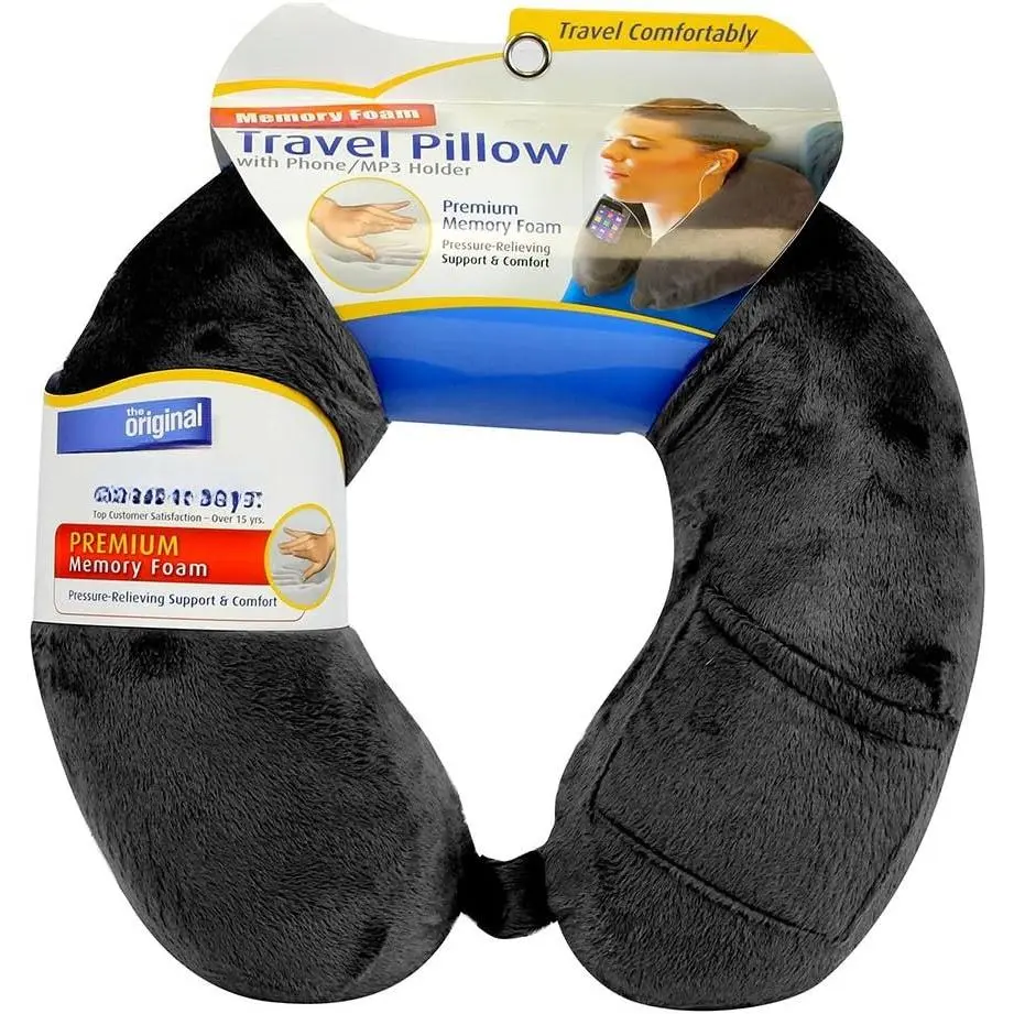 Memory  Travel  Pillow with Snap & Pocket - Black