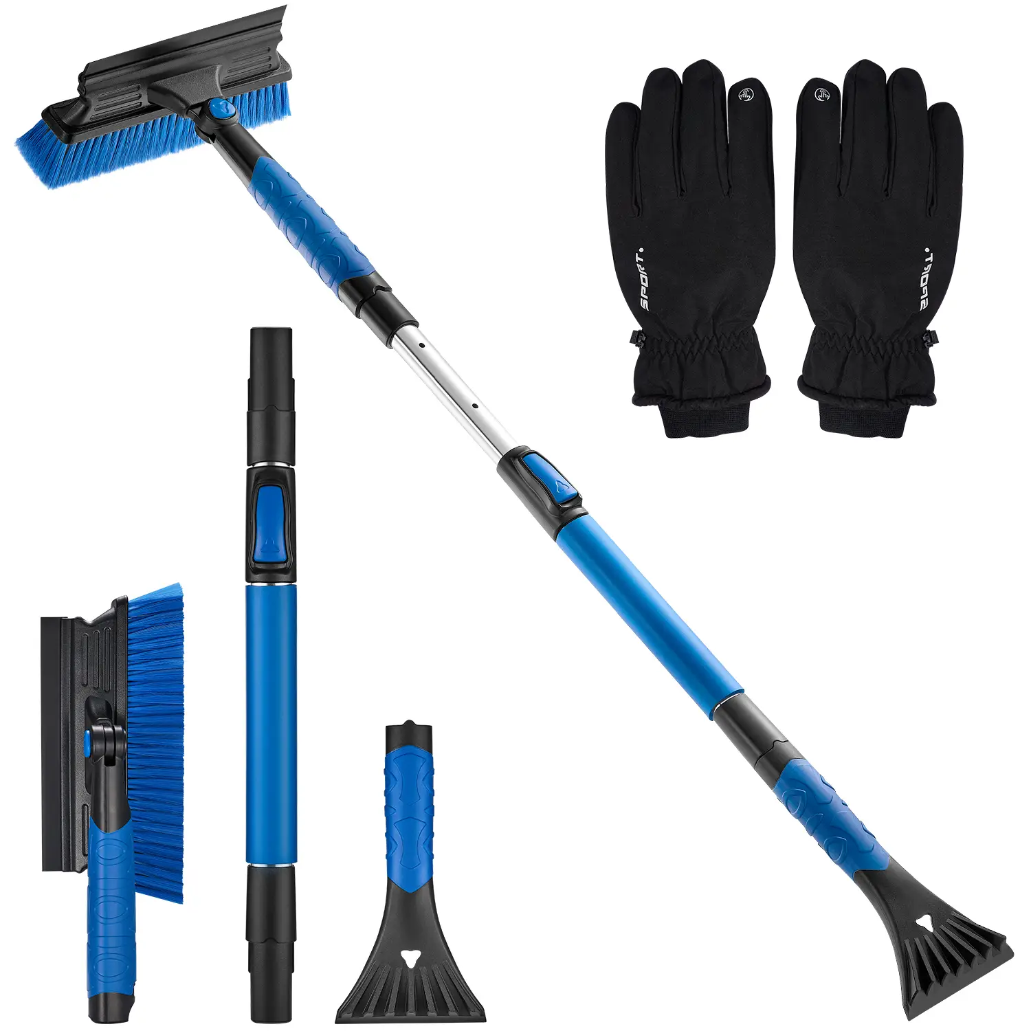 [Plus Gloves] 51" Extendable Snow Brush & Ice Scraper for Cars Care, Trucks & SUVs – 180° Pivoting Brush Head, Foam Grip, Scratch-Free Windshield Clea