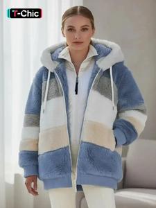 women's colorblock drop shoulder hooded polar fleece coat, fashion casual long sleeve zip up warm outerwear for daily outdoor wear, women's clothing