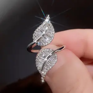 2025 European and American Gorgeous Style Ring - With Leaf Opening - Copper Material Inlaid with Cubic Zirconia - Finely Polished High-Quality Fashionable Ring (Factory Level Direct Dealership)