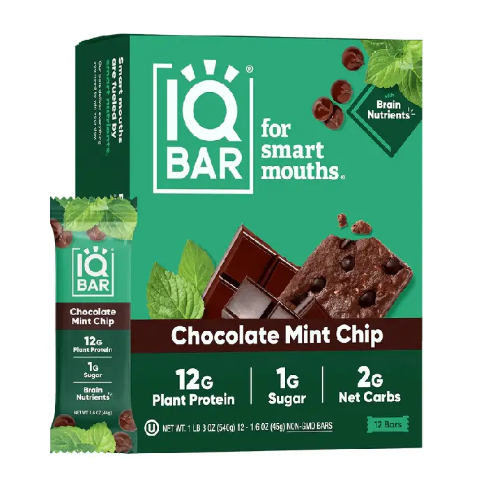 IQBAR Chocolate Mint Chip (12 Bars) - Brain and Body Keto Protein Bars - 12-Count Energy Bars - Low Carb/Sugar - High Fiber Meal Replacement Bars - Ve