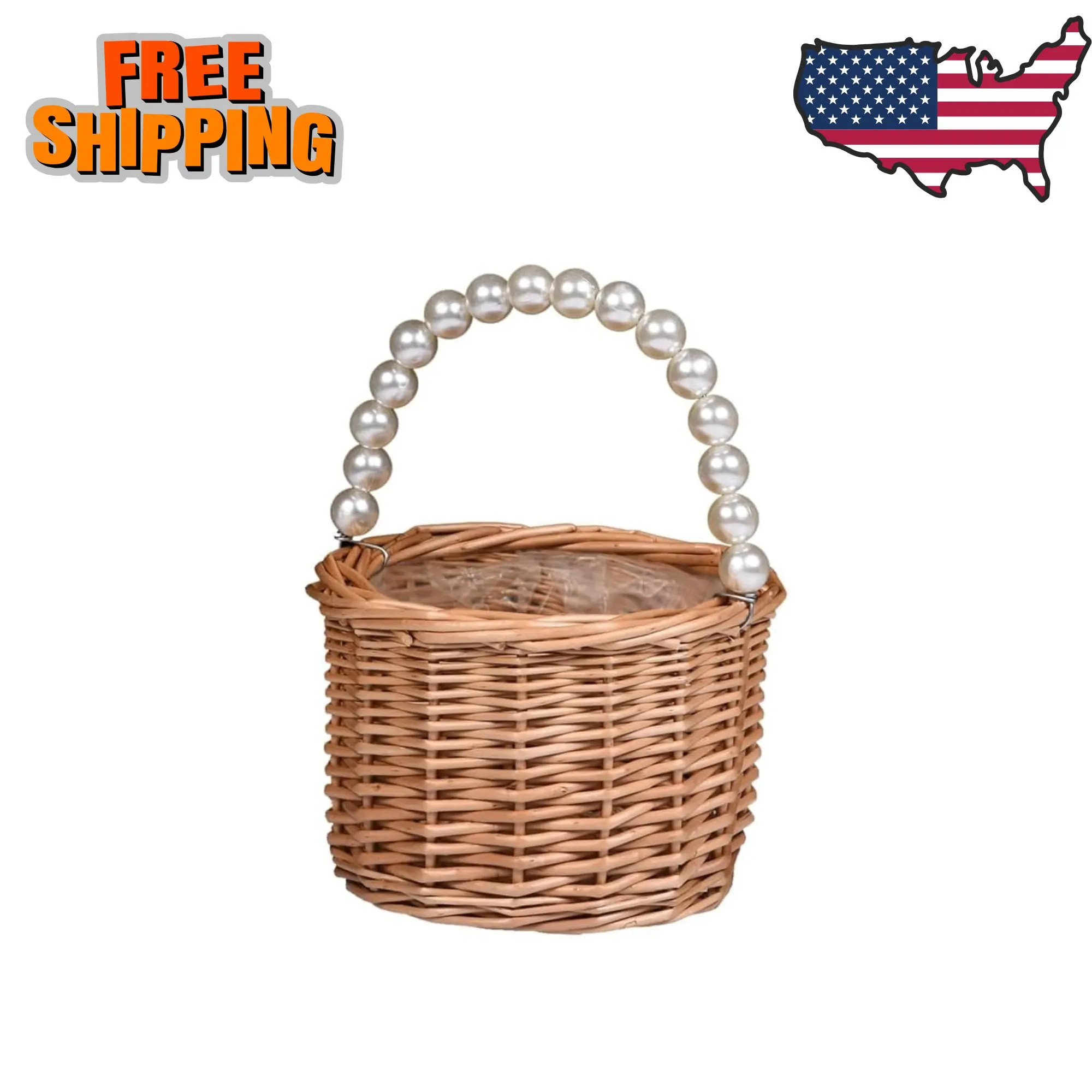 Wicker Rattan Flower Girl Basket,Pearl Handle Flower Basket