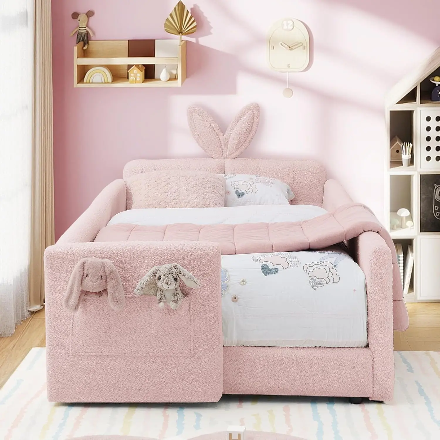 Twin Size Kids Bed, Comfy Boucle Fabric Twin Daybed with Rabbit Ear Headboard & Safety Guardrail, Upholstered Sofa Bed Frame with Storage Pockets, Cute Cozy Floor Bed for Girls, Boys, Teenager(Pink)