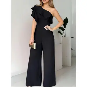 Women's Plain One Shoulder Ruffle Jumpsuit, Elegant Fashion Casual Jumpsuit for Daily Outdoor Wear, Women Jumpsuits for Summer