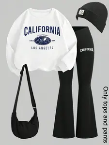 Two-Piece Set CALIFORNIA Print & Letter Print Regular-Fit Crew Neck Long-Sleeved Sweatshirt, A Casual Fashionable and Basic Long Pants Set Suitable for Autumn and Winter, Women's Clothing for Daily Wear, Cute Fall Outfits