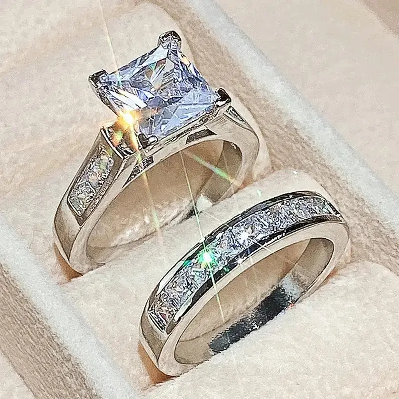 Adults' 2-Piece Princess Cut Cubic Zirconia Combo Set Rings, Elegant Alternative Fashion Couple-Themed Rings with Brilliant Shine, Birthday & Anniversary Gift, Sizes 6-9