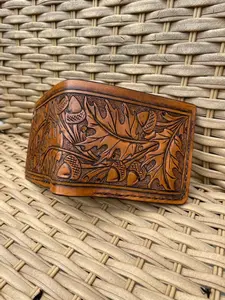 Hand tooled wallet, oak leaf and acorn wallet, wallet for him, custom wallet, personalized wallet, western wallet, Anniversary gift