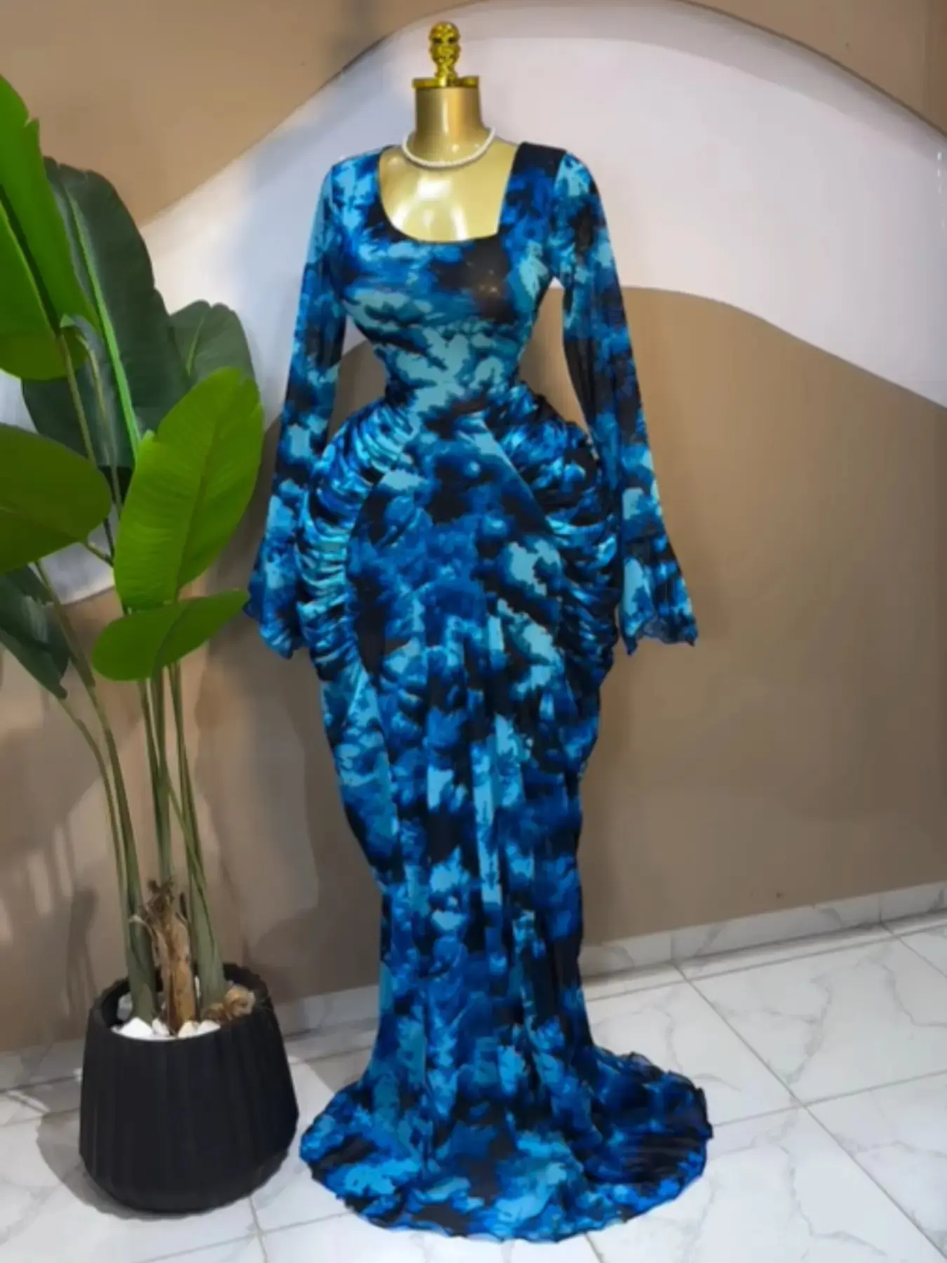 PULKRITU Women's Floral Tie-Dye Print Flounce Long Sleeve A-Line Maxi Prom Dresses, Formal, Birthday Party Outfit Gown, Stacked Side Mermaid Floor Length Cocktail Dress, Asymmetrical Neck Ruched Bodycon Skirt, Engagement Dress