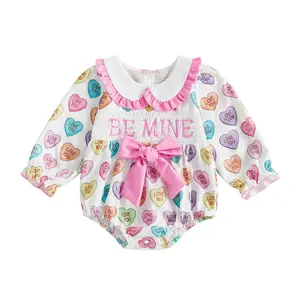 Baby Girl Valentine's Day Outfit Be Mine Newborn Smock Bubble Romper Bow Long Sleeve Doll Collar Infant Jumpsuit