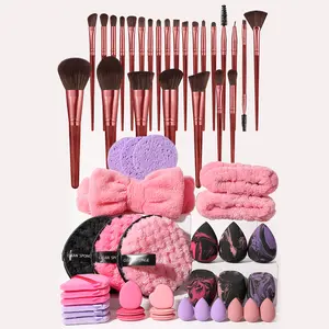 58Pcs Burgundy Wood Handle All In One Makeup Tool Set,25Pcs Soft Synthetic Makeup Brushes,Marble Beauty eggs,Finger Puffs,Reusable Clean Sponges,Bow Fleece Headband & Hair Wrist Bands Complete Beginner Cosmetic Kit