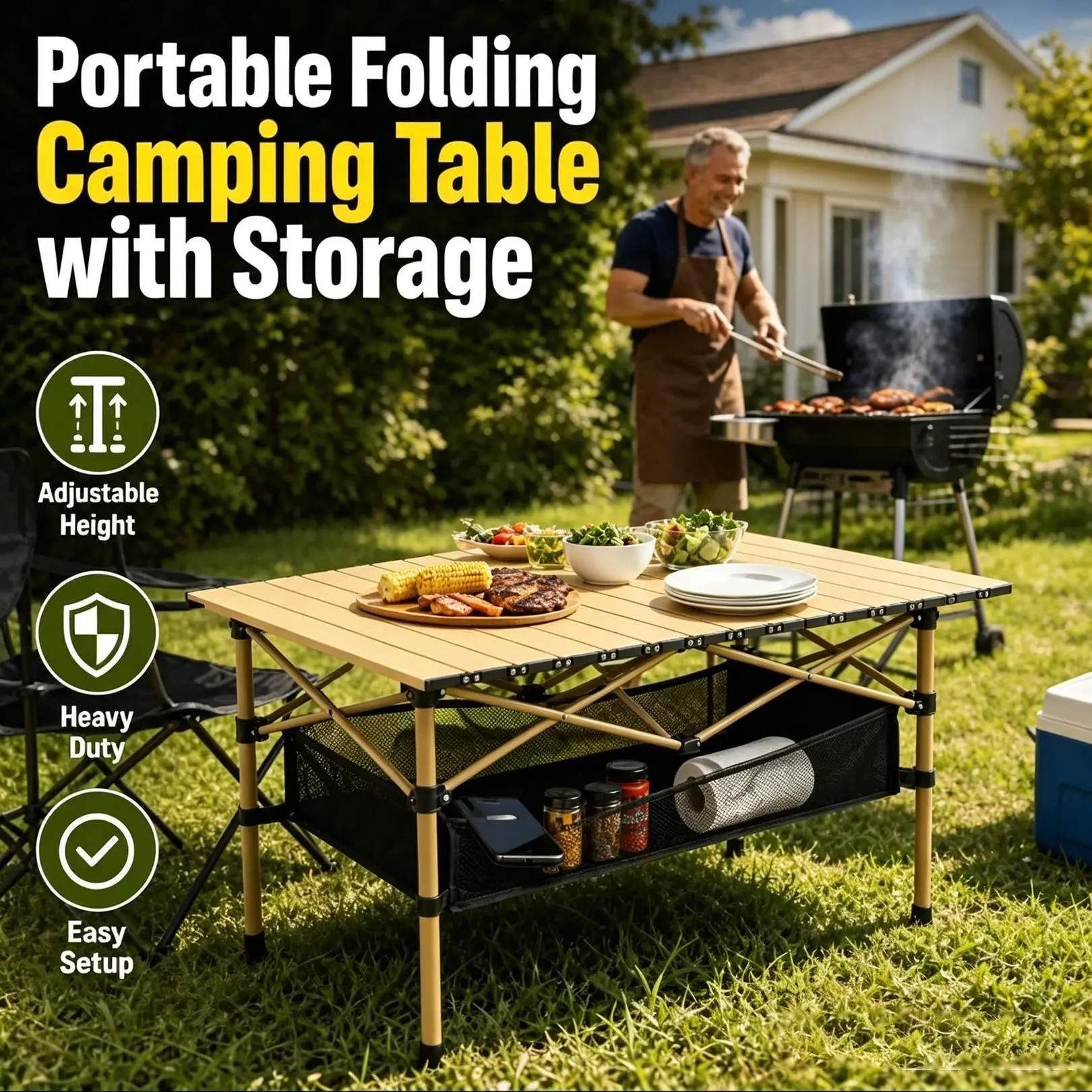Foldable Adjustable-Height Rectangular Camping Utility Rack Table - Durable, Sturdy, Space-Saving Casual Outdoor Table with Large Bag, Easy to Store & Carry for Barbecues, Picnics, Backyard Use