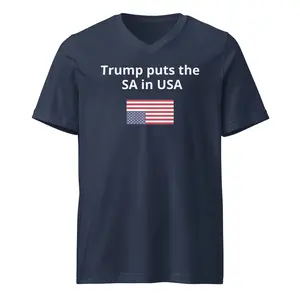 Unisex Short Sleeve V-Neck T-Shirt Trump Puts the SA in USA American Flag Design Casual Summer Fitted Tee 100% Combed Ring-Spun Cotton Patriotic Style Tee