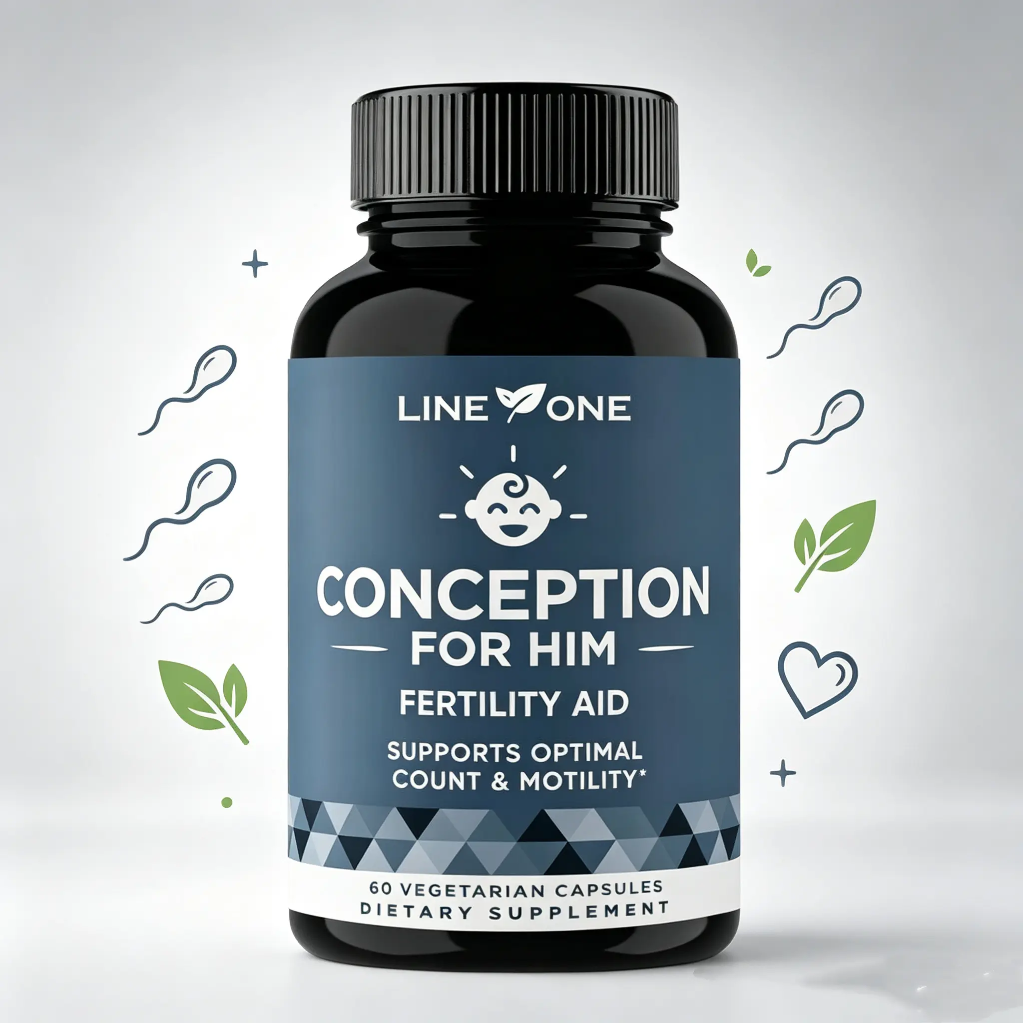 LINE ONE — Designed for men, fertility supplement, natural formula — Optimizes sperm count and motility — Contains Ashwagandha, folic acid, magnesium, and zinc — 1 bottle containing 60 plant-based softgels., Dietary