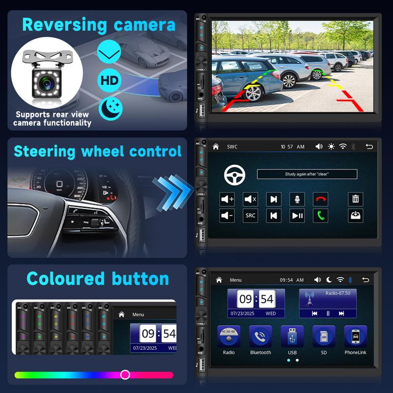 7 Inch Double Din Wireless Carplay Android Auto Bluetooth Car Radio, HD Touch Screen Car Stereo with Mirror Link, Backup Camera, FM Car Audio, EQ, AUX/USB/SD Card Input, Steering Wheel Control
