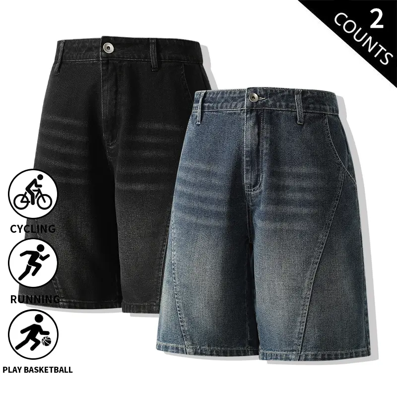 Men’s 2-Pack Wide-Leg Denim Jorts Shorts, Vintage Washed Knee-Length Baggy Jeans Shorts with Button Fly, Casual Denim Shorts for Basketball, Running, Cycling, Loose Fit