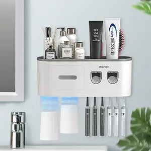 Holders Wall Mounted,  Holder with Automatic  Dispensers, 6 Brush Slots, 2  Cups,1  Drawer Organizer and 1 Large Storage Tray