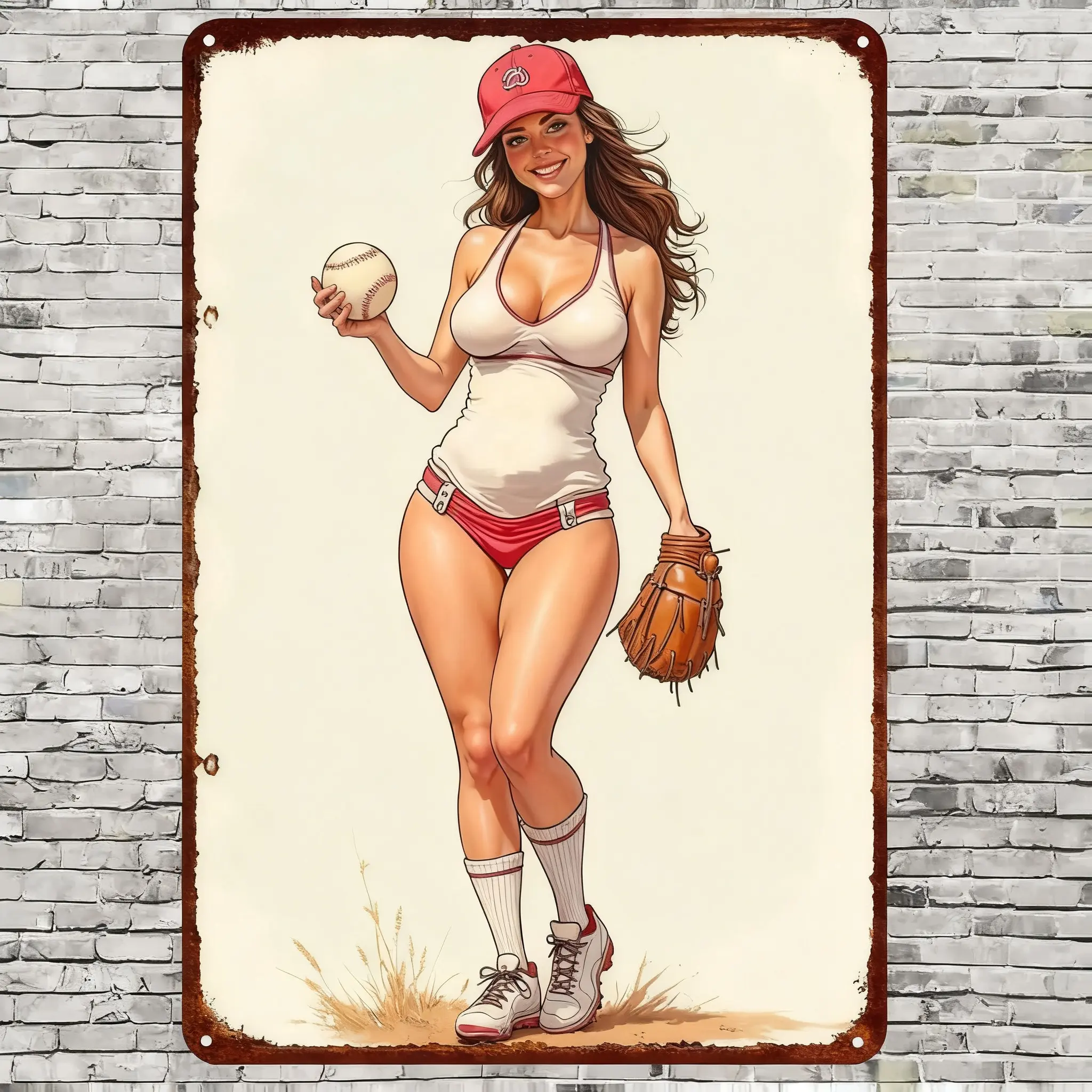 2D Flat 1pc, "Pin-Up Baseball Metal Art Sign – Retro Sporty Pinup Wall Decoration for Game Room Or Man Cave" 8×12 Inch