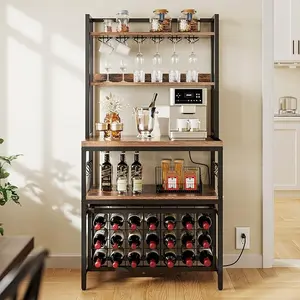 Yitahome Kitchen Microwave Bakers Stand with Wine Rack, Wine Rack Freestanding Floor, Small Storage Shelves for Liquor Bottle Glasses Power Outlet Farmhouse Coffee Bar 31/35 Inch