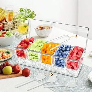 1PC Bar Serving Tray on Ice - 5 Compartment Fruit & Food Container with Lid Buffet Salad Cold Serving Dish Clear Design for Easy Organization