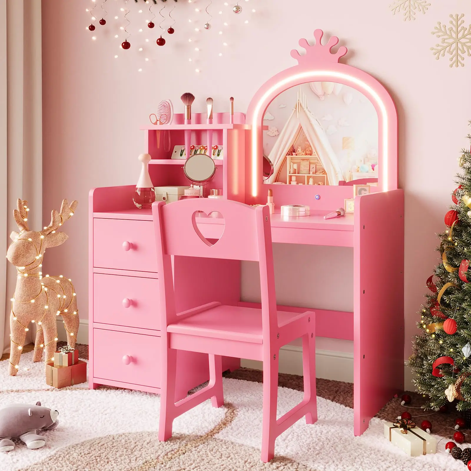 Garvee Kids Vanity with Lights - 2 in 1 Wooden Toddler Vanity Table with Stool and Drawer, Princess Pretend Play Makeup Vanity Desk, Perfect Gift for Birthdays and Christmas