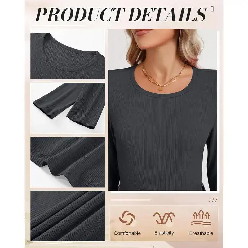 3 Pack Women's Ribbed Long Sleeve Tops, Crew Neck Slim Fit Undershirts Knit Basic Casual Stretch Layering Tee Shirts Elegant Womenswear(gift) 3 Pack Women's Ribbed Long Sleeve Tops, Crew Neck Slim Fit Undershirts Knit Basic Casual Stretch Layering Tee Shirts Elegant Womenswear(gift)