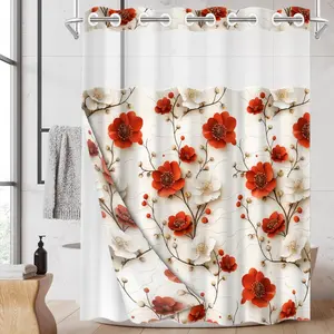 1pc hookless shower curtain with buckle lining, spring red and white floral pattern design, 2D flat printing, fabric waterproof lining, see-through double-layer shower curtain, 71 x 74 inches, modern home draping curtain.