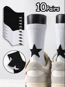 10 Pairs Star Pattern Trendy Mid-Calf Socks, Breathable Sporty Tube Socks, Unisex Casual Fashion Student Socks
