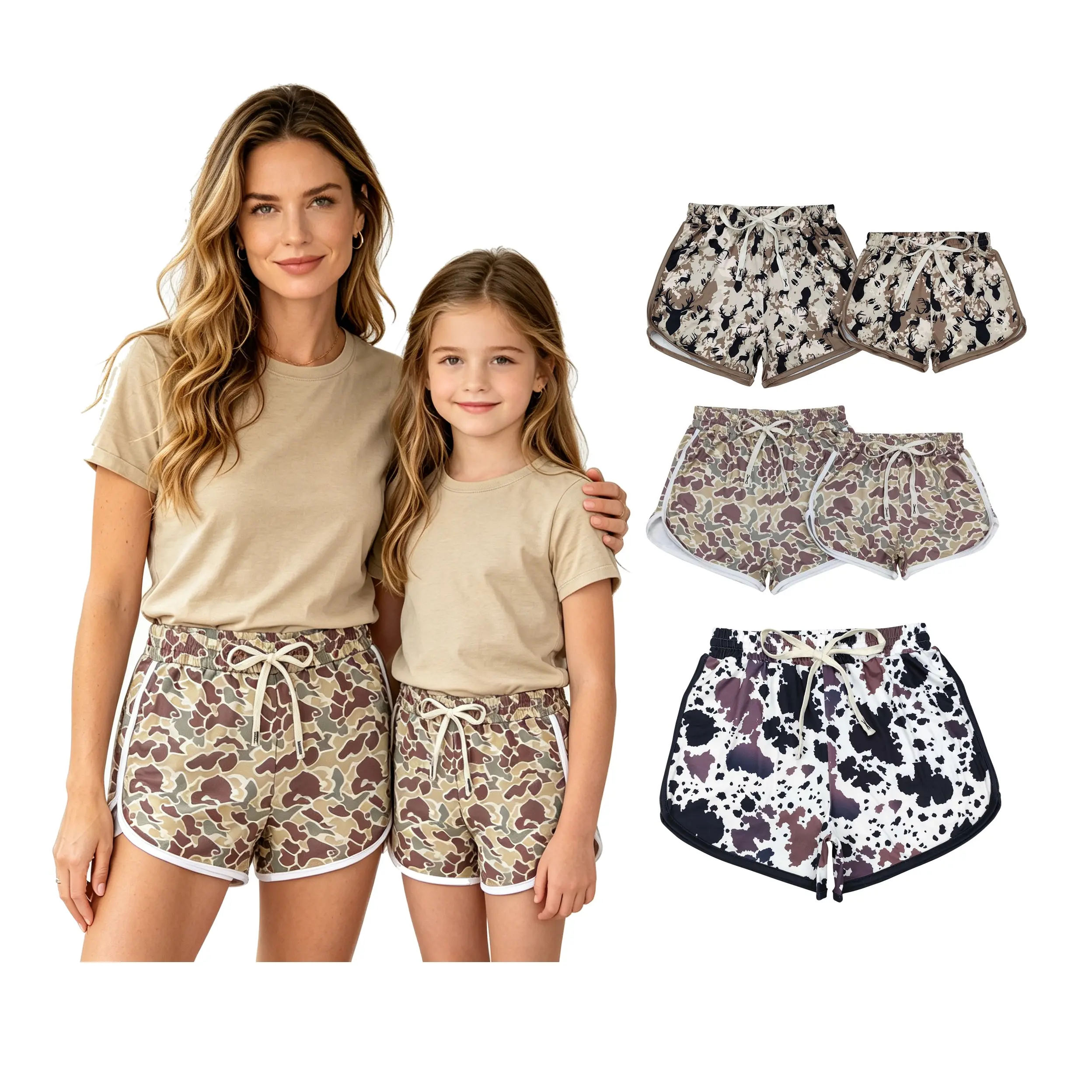 Women's Fitted Camouflage Mid-Waist Sporty Shorts - Adult Lady Clothes, Mama & Mini Matching Loungewear Bottoms with Crop Top for Cozy Home Use