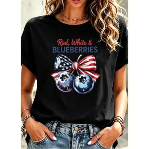 Patriotic Cotton T-shirt for Women Red White and Blue USA Birthday T-shirt American Flag Independence Day Tee U4th of July Tops Humorous Wine Glass Graphic Tees