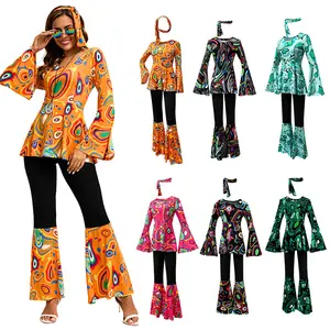Women's New Performance Costume Set Fashionable New Multi-color Printed Top Pants Patchwork Set Including Headscarf Disco Dance Costume Set Women's Clothing Womenswear Crewneck Fitted