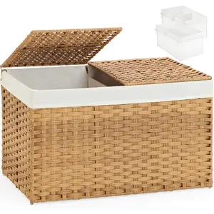 Storage Basket with Lid Wicker Baskets for Storage with 2 Separate Lid 42.3 Gallon 160 L 29.9 x 17.3 x 18.1 Inches Rattan Woven Large Wicker Basket with 2 Liners for Bedroom Laundry Natural