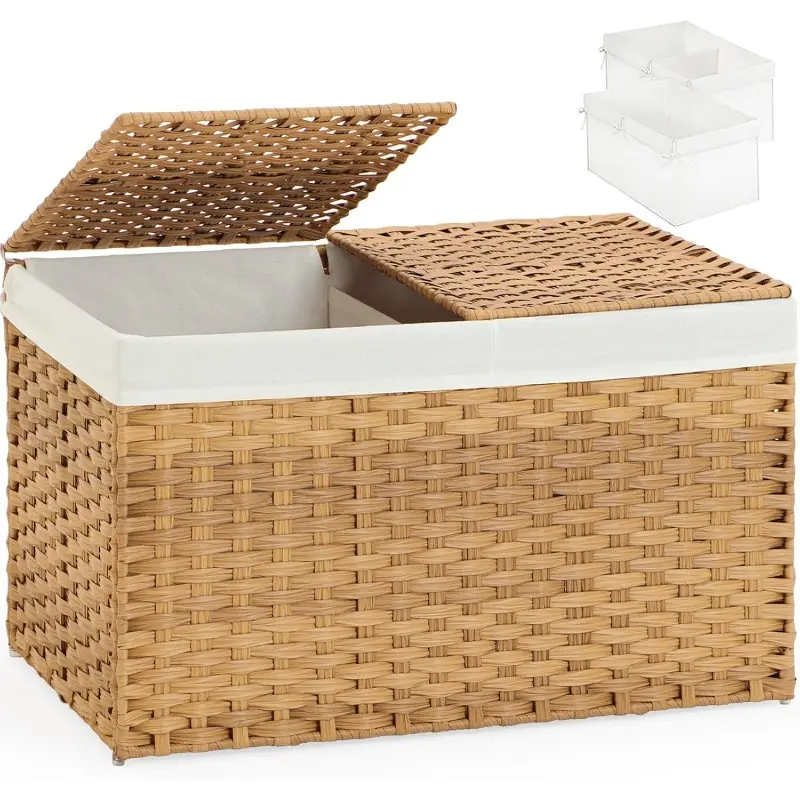 Storage Basket with Lid Wicker Baskets for Storage with 2 Separate Lid 42.3 Gallon 160 L 29.9 x 17.3 x 18.1 Inches Rattan Woven Large Wicker Basket with 2 Liners for Bedroom Laundry Natural