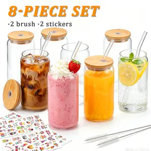 8 Pack Ribbed Glass Cups 8 Lids 8 Straight Straws 2 Brushes Plus 4 Pack Unribbed Glass Cups 4 Straws 4 Wooden Lids 4 Plastic Lids 2 Brushes 1 Cup Brush Multi Set Glass Drinkware Combo For Iced Coffee Milk Tea