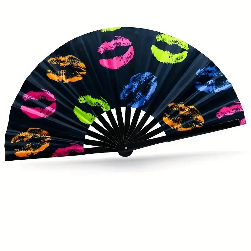 1 Piece 13 Inch Lip Print Folding Fan, Hand Fan, Chinese Fan, Large UV Bamboo Foldable Fan, Kung Fu Fan, Festival Clapping Fan, Party Accessory, Music Festivals, Club Events, Gift