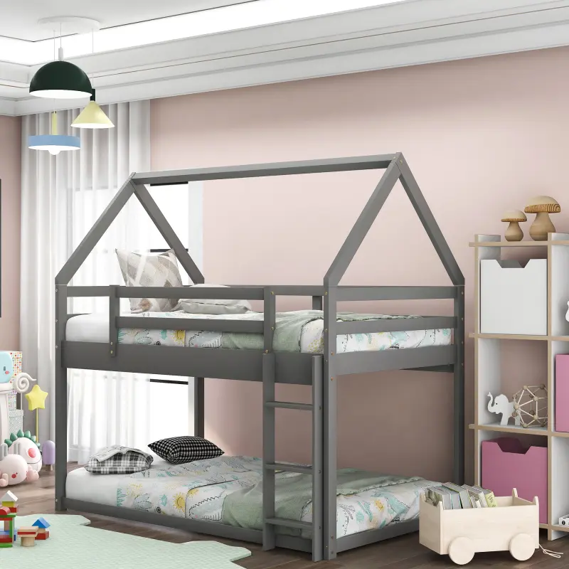 [Bellemave]Twin over Twin Low Bunk Bed, House Bed with Ladder , Gray(OLD SKU:WF197808AAE)