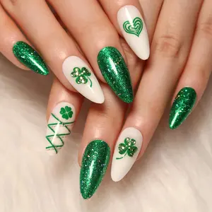 St Patrick's Day Medium Almond Fake Nails with Rhinestones Four-Leaf Clover Design Glossy Adhesive Glitter Acrylic Nail Set 24pcs