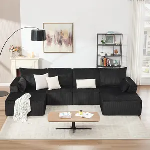 Tbfit Cloud Modular Sectional Sofa, Oversized Deep Seat Corduroy L-Shaped Couch with Angled Armrests, No Assembly Comfy Lounge Sofa for Living Room, Black, DealsforYouDays